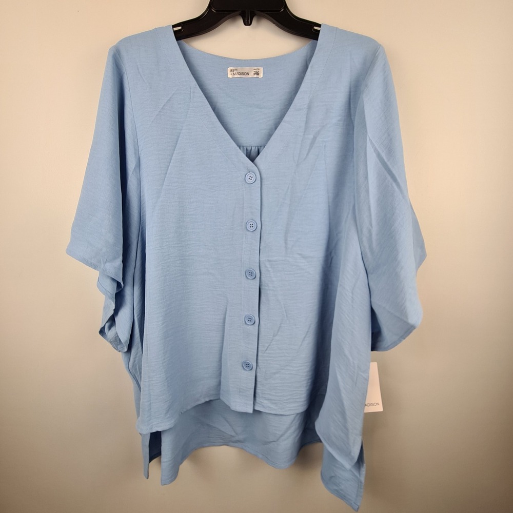 89th + Madison Glacier Lake Blue V-Neck Button Front Blouse XXL NWT BD2BL1024MA